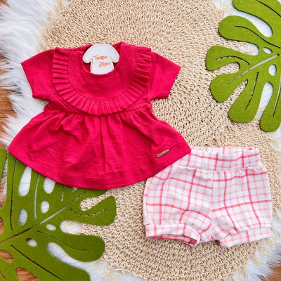 Conj. Batinha em Lese e Short Xadrez - Cereja